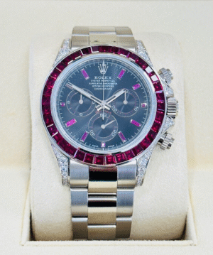 Rolex Daytona 116509 18K White Gold Custom Diamond lugs & Ruby Bezel Watch B/PPR