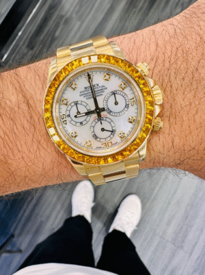 Rolex Daytona 116528 18K Yellow Gold Cosmograph Custom Sapphire Bezel MOP Dial