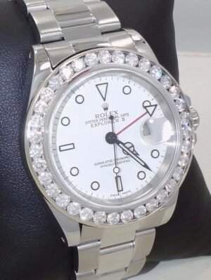 Rolex Explorer II 16570 40mm 3.25CT Diamond Bezel Steel White Dial *MINT*