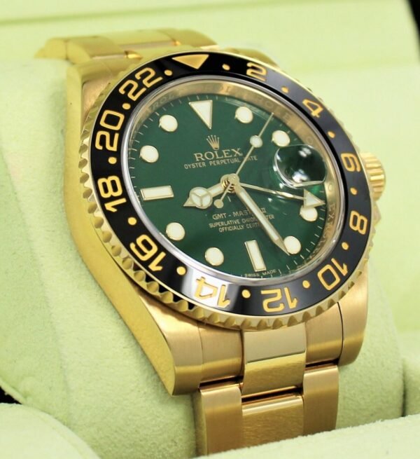 Rolex GMT Master II 116718 18k Yellow Gold GREEN Dial Ceramic Bezel Watch B/PPR