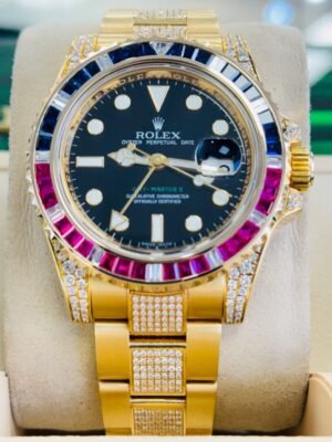 Rolex GMT-Master II 116718LN 18K Yellow Gold Oyster Custom Diamonds Sapphires