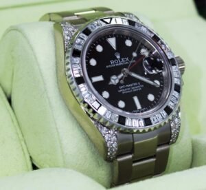 Rolex GMT Master II 116719 18K White Gold 6Ct Baguette Diamonds &Sapphire Bezel