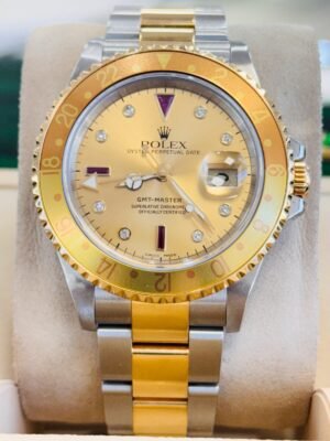 Rolex GMT Master II Root Beer 16713 Factory Diamond Ruby Serti Dial Yellow Gold