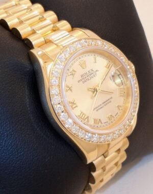 ROLEX LADIES PRESIDENT 18K YELLOW GOLD 1.35ct DIAMOND BEZEL 179178