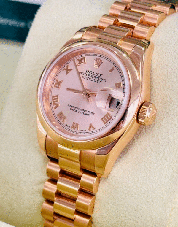 Rolex Lady-Datejust 179165 Factory Pink Roman Dial 18k Rose Gold Box and Papers