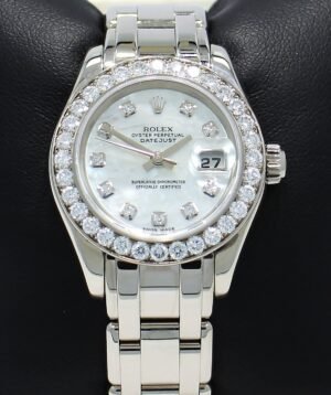 Rolex Masterpiece Pearlmaster 80299 18K W Gold Fact Diamond Bezel MOP Dial B/PPR