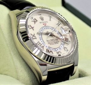Rolex Sky-Dweller 326139 Perpetual 18K White Gold White Dial Leather Band MINT
