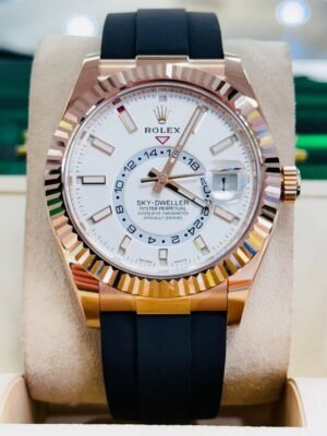 Rolex Sky-Dweller 326235 18K Rose Gold Black Oysterflex Strap White Dial UNWORN