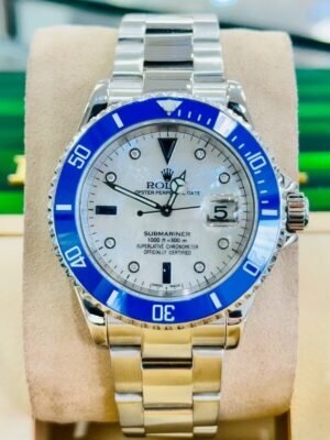 Rolex Submariner 16610 Steel CUSTOM Blue Bezel MOP Diamond Dial Watch MINT