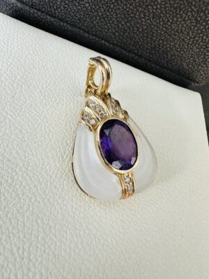 Stunning 14k Gold Amethyst & Natural Diamonds Pendant With Frosted Crystal