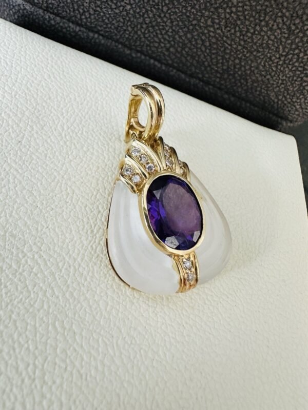 Stunning 14k Gold Amethyst & Natural Diamonds Pendant With Frosted Crystal