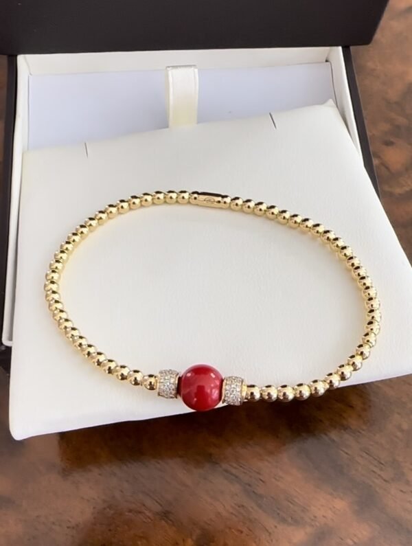 Unworn Ladies Platini 18k Gold Beaded Bracelet With Corral Bead & Diamonds