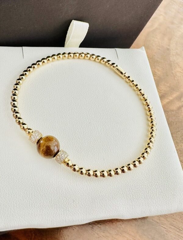 Unworn Ladies Platini 18k Gold Beaded Bracelet With Tiger Eye & Diamonds