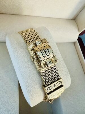 Victorian Revival 14K Yellow Gold Slide Bracelet With Enamel Hidden Watch