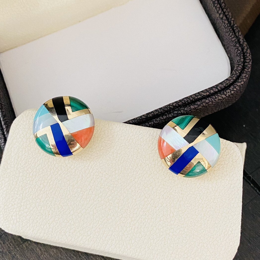 Vintage Asch Grossbardt 14k Multi Color Precious Stone Inlay Earrings