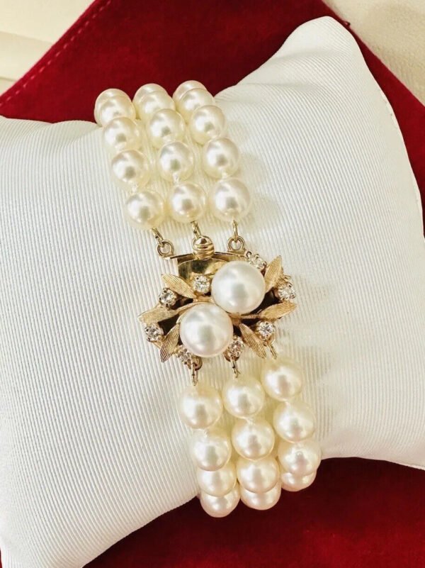 Vintage Estate 14k Gold & Diamond three-strand pearl Bracelet