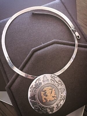 Vintage Peruvian Sterling & 18K Large Gold Pendant & Sterling Omega Necklace