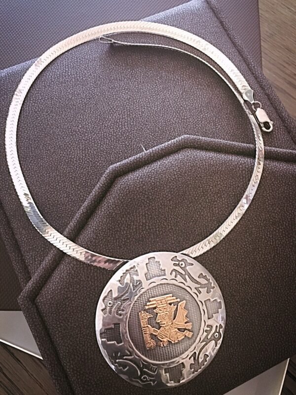 Vintage Peruvian Sterling & 18K Large Gold Pendant & Sterling Omega Necklace