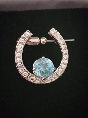 Vintage Platinum Diamond & Blue Topaz Horseshoe Brooch Pin ~ 9.6 grams