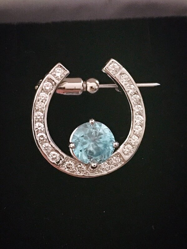 Vintage Platinum Diamond & Blue Topaz Horseshoe Brooch Pin ~ 9.6 grams