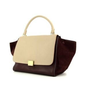 Celine Trapeze large model handbag in beige and burgundy leather and burgundy suede
