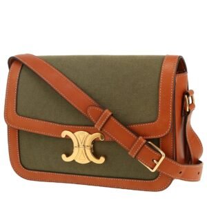 Celine Triomphe handbag in brown leather and khaki canvas
