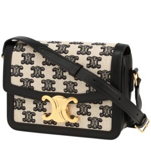 Celine Triomphe Teen shoulder bag in black and cream color "Triomphe" canvas and black leather