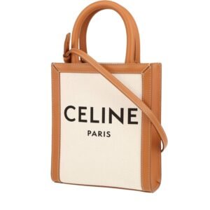 Celine Vertical shoulder bag in beige canvas and brown leather