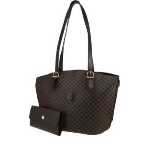 Celine Vintage bag worn on the shoulder or carried in the hand in brown and black "Triomphe" canvas and black leather