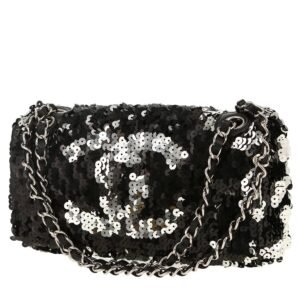 Chanel Baguette handbag in black and silver paillette and black leather