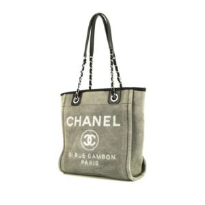 Chanel Deauville shopping bag in grey canvas and black leather