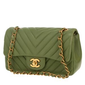 Chanel Mini Timeless shoulder bag in green chevron quilted leather