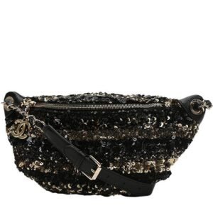 Chanel Pochette ceinture clutch-belt in black and gold paillette and black leather