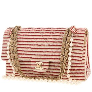Chanel Timeless Classic handbag in beige, white and red tricolor jersey canvas