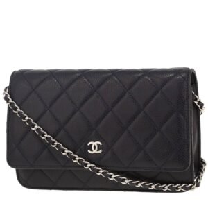 Chanel Wallet on Chain shoulder bag in navy blue quilted grained leather