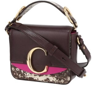 Chloé C mini shoulder bag in purple Raisin, beige and pink grained leather