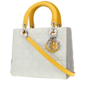 Dior Lady Dior medium model handbag in Bleu Pale, yellow and grey leather cannage