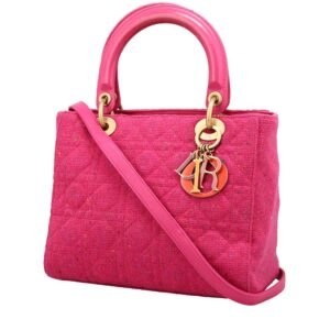 Dior Lady Dior medium model handbag in fushia pink woollen fabric and pink leather