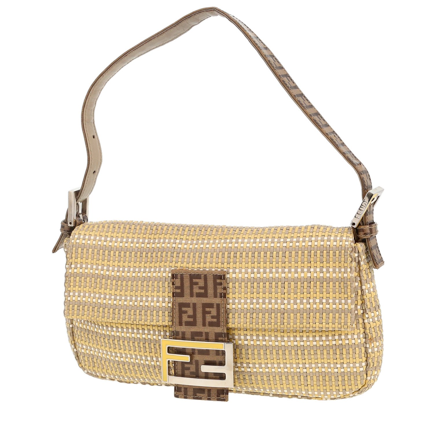 Fendi Baguette handbag in beige, taupe and white braided leather and brown monogram canvas