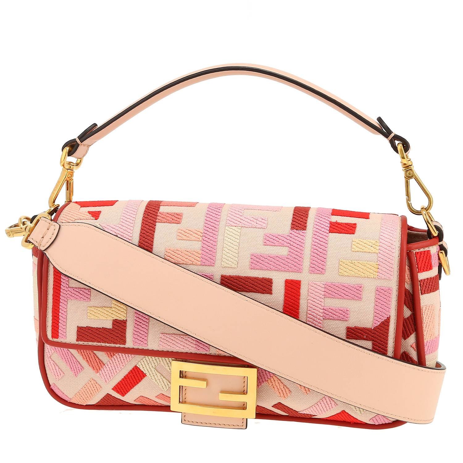 Fendi Baguette handbag in pink and red logo canvas