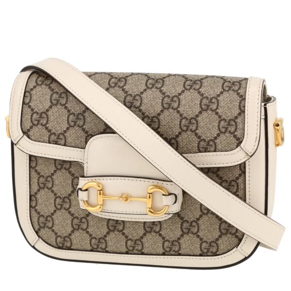 Gucci 1955 Horsebit mini shoulder bag in beige monogram canvas and white leather
