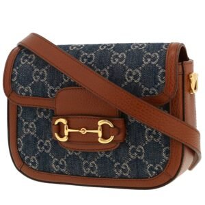 Gucci 1955 Horsebit mini shoulder bag in blue monogram denim canvas and brown leather