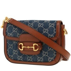 Gucci 1955 Horsebit small model shoulder bag in blue monogram denim canvas and brown leather