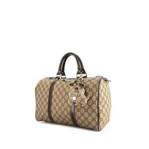 Gucci Boston handbag in beige monogram canvas and dark brown patent leather