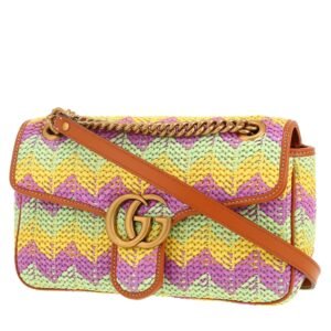 Gucci GG Marmont handbag in yellow, green and purple raphia and brown leather