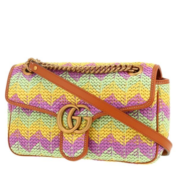 Gucci GG Marmont handbag in yellow, green and purple raphia and brown leather