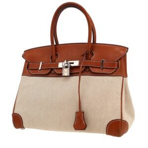 Hermès Birkin 30 cm handbag in gold Barenia leather and beige canvas