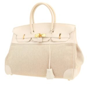 Hermès Birkin 35 cm handbag in white leather and beige canvas