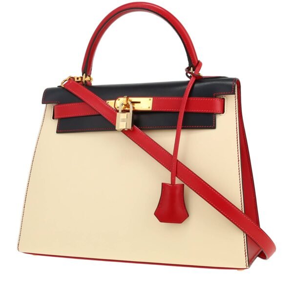 Hermès Kelly 28 cm handbag in cream color, blue and red tricolor box leather