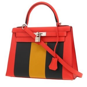 Hermès Kelly 28 cm Kellygraphie handbag in Capucine, yellow and Bleu Obscur epsom leather